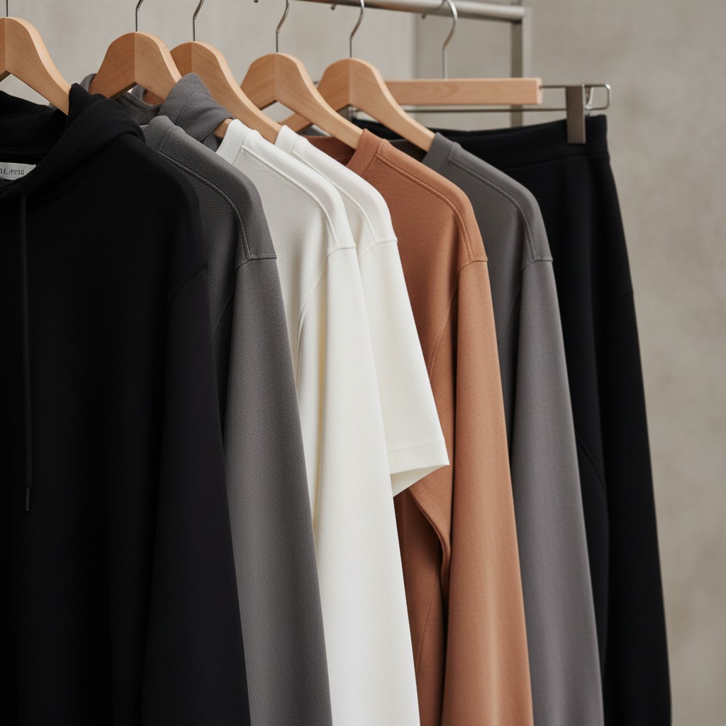Close up of wholesale garments hanging on wooden hangers