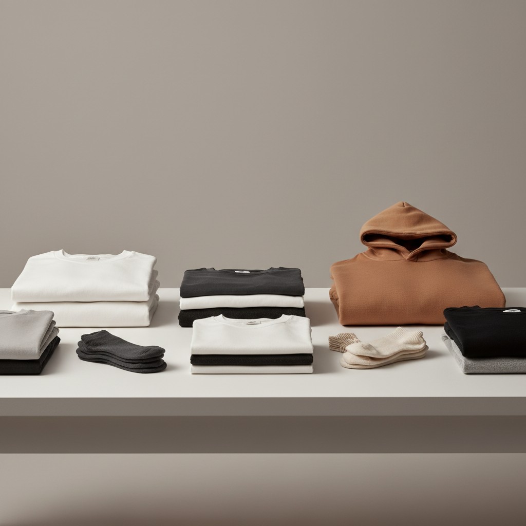 Folded wholesale t-shirts, sweatshirts and socks arranged on a display table