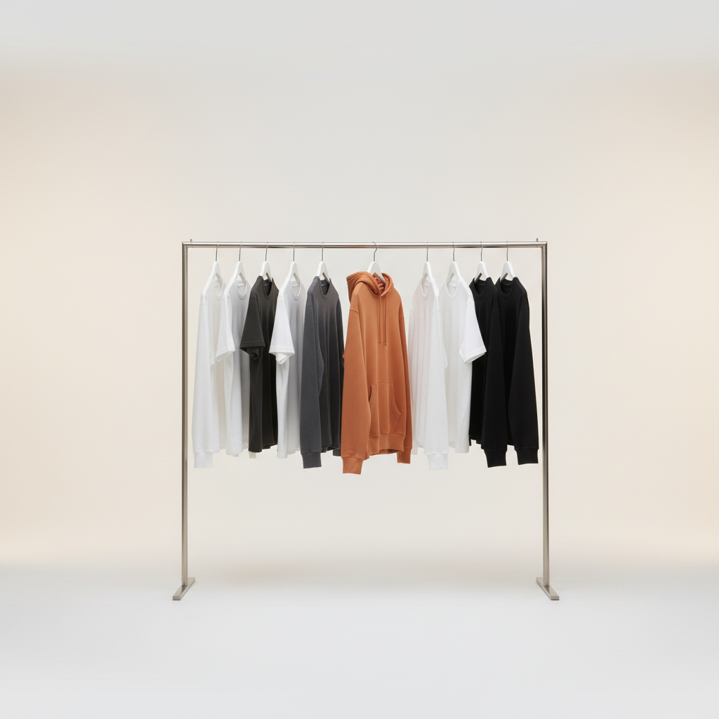 Clothing rail of neutral toned wholesale apparel in a minimal showroom
